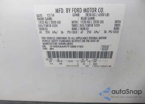 2015 Ford Police Interceptor из США, поврежденный, VIN 1FM5K8AR7FGB61193